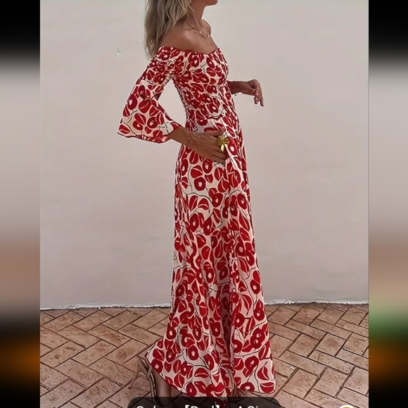 Beautiful boho maxi dress with 3/4 sleeve,  off shoulder, ruched top, full skirt - Picture 2 of 12